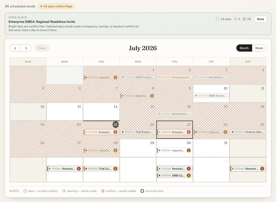 Audience Calendar’s month view for July 2026, showing open slots for one send, Enterprise EMEA: Regional Roadshow Invite. Most days are hatched as conflicts, and a few are clear.